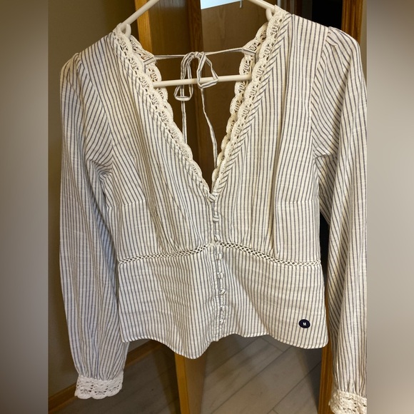 NWT A&F Abercrombie and Fitch Lace Pinstripe Button V-Neck Smocked Blouse Top - Picture 6 of 6
